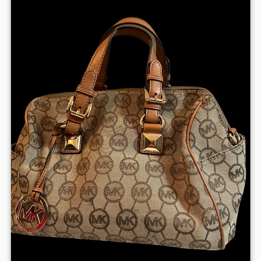 Michael Kors Grayson Signature Canvas Logo Satchel Shoulder Handbag MK Brown Tan